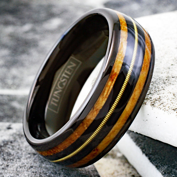 Awesome Polished Black Tungsten Low Dome Ring with Genuine Guitar String on Black Between Whiskey Barrel Oak Wood Inlays.