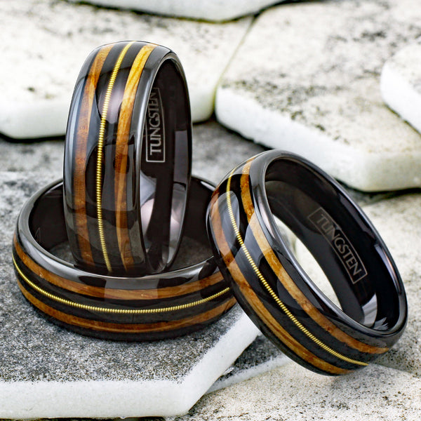 Awesome Polished Black Tungsten Low Dome Ring with Genuine Guitar String on Black Between Whiskey Barrel Oak Wood Inlays.