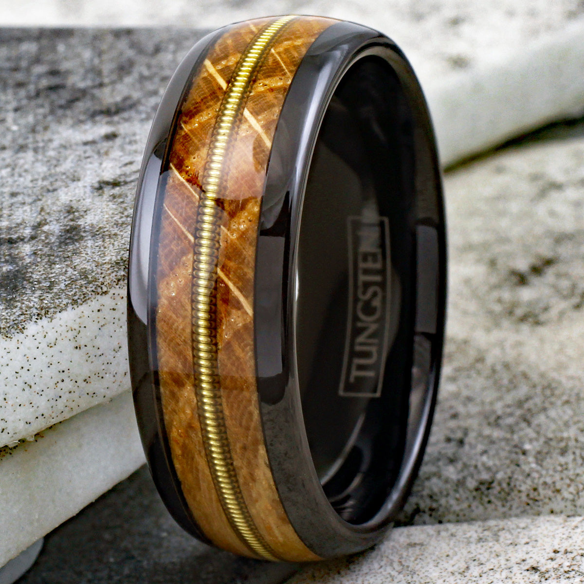 Gorgeous Polished Black Tungsten Low Dome Ring with Cool Genuine Guitar String Between Whiskey Barrel Oak Wood Inlays. Couple Ring.