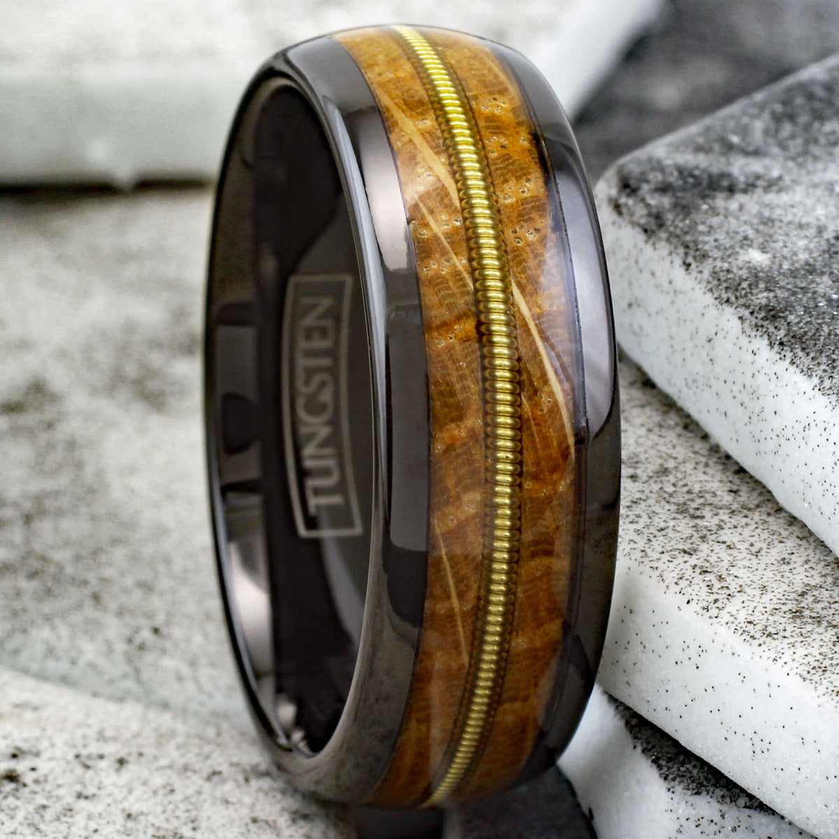 Brushed Finish Black Flat Tungsten Band Ring w/ Guitar String Inlay ...