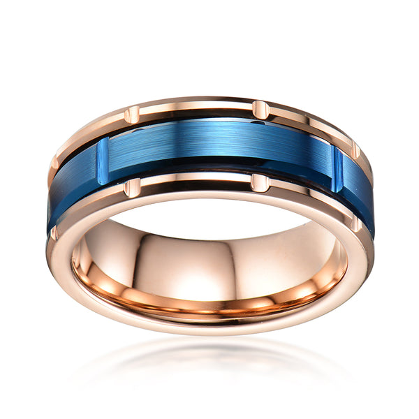 Stunning Rose Gold Tungsten Ring with Brushed Finished Notched Royal Blue Center Band.