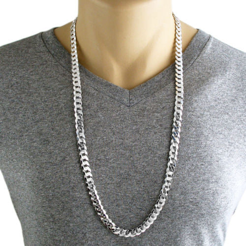 Sterling Silver Cuban Curb FLAT Chain Necklace 9mm (Gauge 250). Available in 3 Lengths.