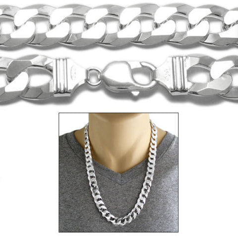Sterling Silver Cuban Curb FLAT Chain Necklace 14mm (Gauge 350). Available in 2 Lengths.