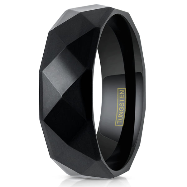 Lavish 8mm Black Tungsten Band Ring in Radiant Pyramid Faceted Black Mirror Finish