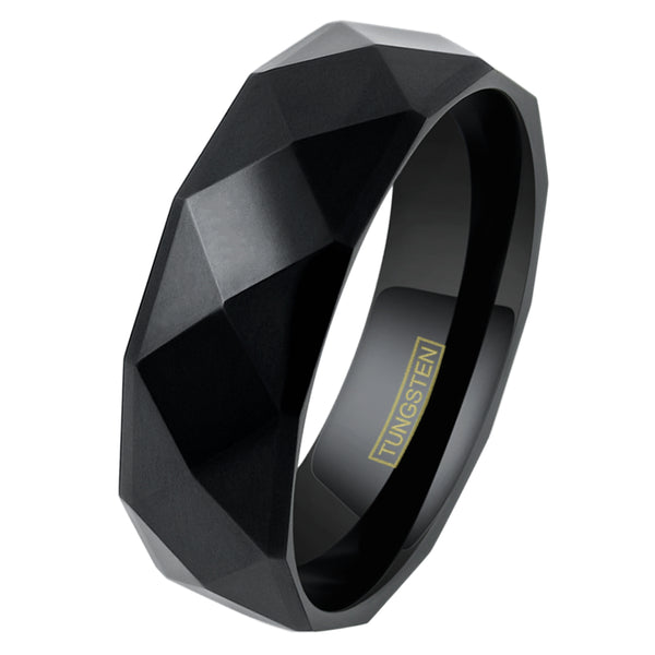 Lavish 8mm Black Tungsten Band Ring in Radiant Pyramid Faceted Black Mirror Finish
