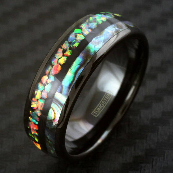 Stunning Polished Black Tungsten Dome Ring w/ Dazzling Man-Made Hawaii Opal & Brilliant Abalone Inlays.