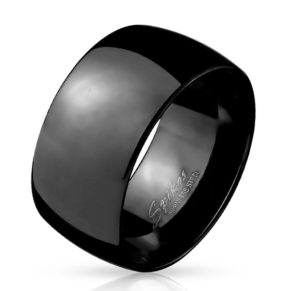 Super Wide 10mm Ion Plated Black Stainless Steel Low Dome Band Ring.
