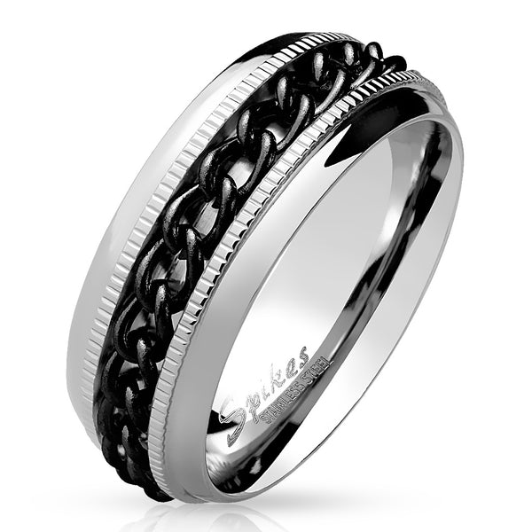 Mirror Polished Stainless Steel Ring with PVD Black Cuban Link Spinning Band.