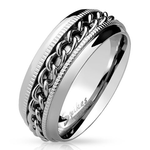 Mirror Polished Stainless Steel Ring with Polished Cuban Link Spinning Band.