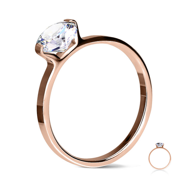 Beautiful Classic Round Solitaire CZ Engagement Ring Set in Rose Gold Ion-Plated Stainless Steel.