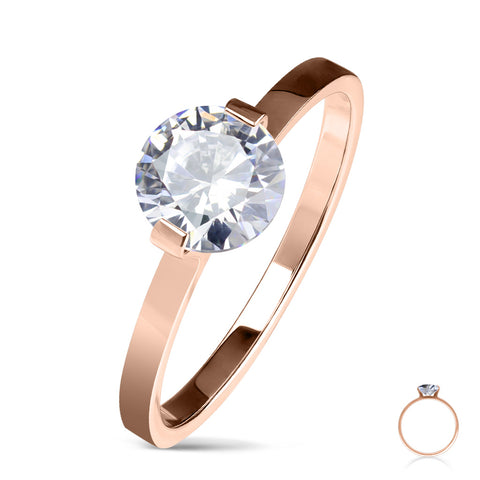Beautiful Classic Round Solitaire CZ Engagement Ring Set in Rose Gold Ion-Plated Stainless Steel.