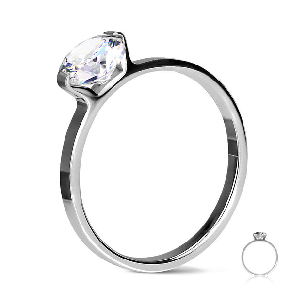 Beautiful Classic Round Solitaire CZ Engagement Ring Set in Mirror Polished Stainless Steel.