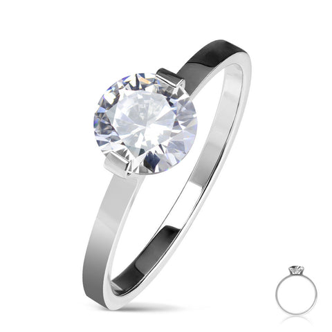 Beautiful Classic Round Solitaire CZ Engagement Ring Set in Mirror Polished Stainless Steel.