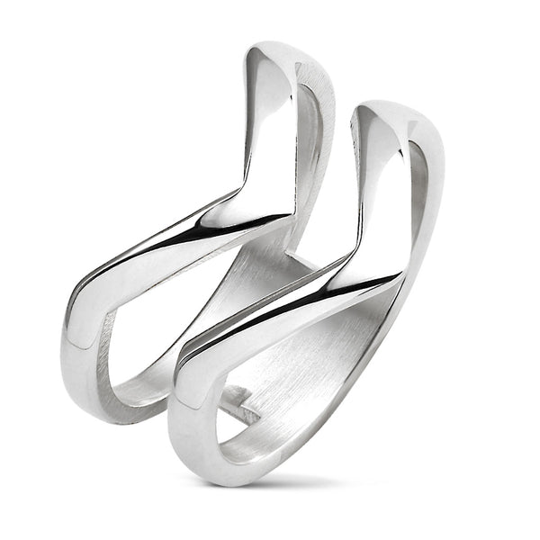 Timeless Mirror Polished Double Band Stainless Steel Pointed Chevron Ring.