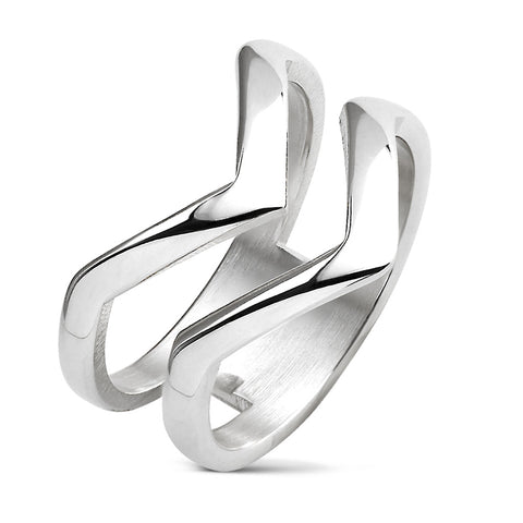 Timeless Mirror Polished Double Band Stainless Steel Pointed Chevron Ring.
