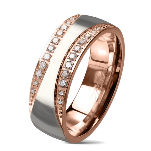 Stunning Two Tone Rose Gold and Mirror Polished Stainless Steel Low Dome Ring with Edge Set Pave CZs.