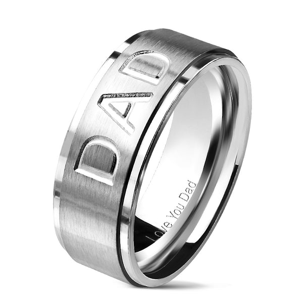 Cool Brushed Finish Stainless Steel Band Ring with Embossed "DAD" and Polished Stepped Edges.