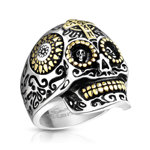 Stunning Wide Cast Two-Tone Stainless Steel Day of the Dead Skull Ring with Skull Eyes.