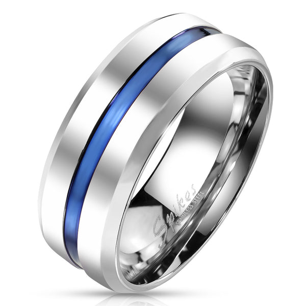 Awesome Stainless Steel Band Ring with Brilliant Recessed Thin Blue Line Stripe and Beveled Edges.