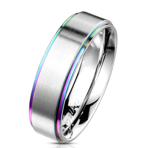 Fabulous Brushed Finish Stainless Steel Band Ring with Rainbow Colored Stepped Edges.