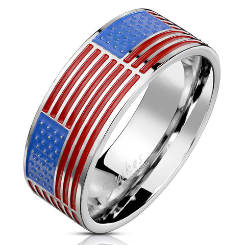 Patriotic Stainless Steel Band Ring with Enamel Painted America Flag.