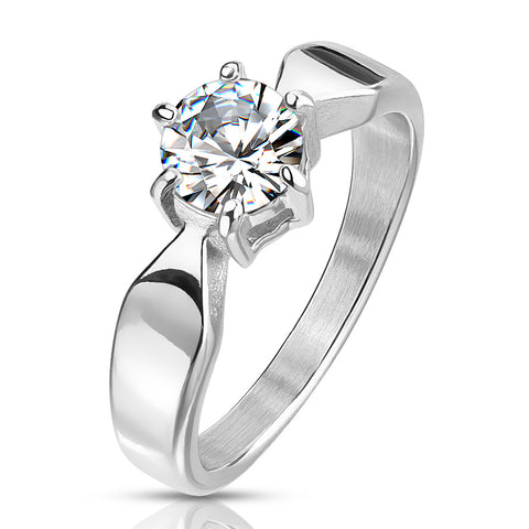 Classic 6-Prong Set Round Solitaire CZ Engagement Ring in Mirror Polished Stainless Steel.