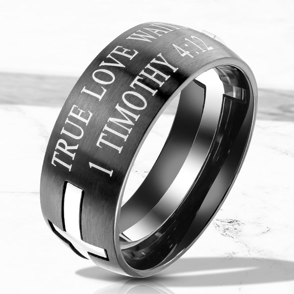 Black Brushed Finish Stainless Steel Band Ring with Timothy 4:12 Bible Verse "TRUE LOVE WAITS"