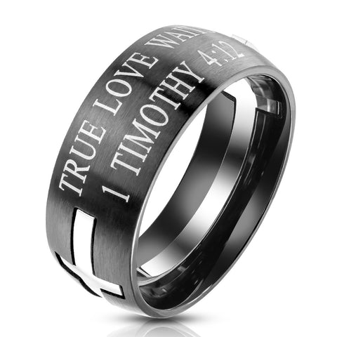 Black Brushed Finish Stainless Steel Band Ring with Timothy 4:12 Bible Verse "TRUE LOVE WAITS"