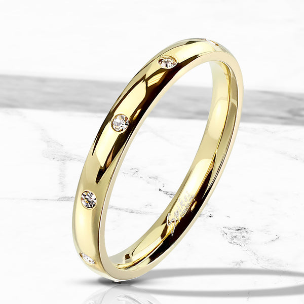 Classic 3mm Gold Stainless Steel Band Style Ring with 10 CZs Flush Set Around the Band