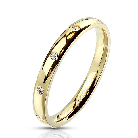Classic 3mm Gold Stainless Steel Band Style Ring with 10 CZs Flush Set Around the Band