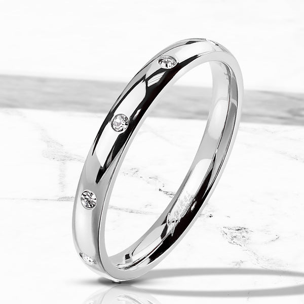 Classic 3mm Mirror Polished Stainless Steel Band Style Ring with 10 CZs Flush Set Around the Band