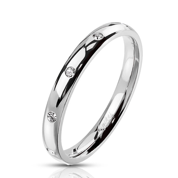 Classic 3mm Mirror Polished Stainless Steel Band Style Ring with 10 CZs Flush Set Around the Band