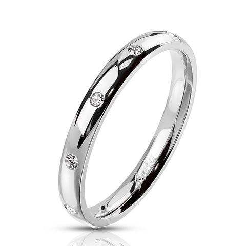 Classic 3mm Mirror Polished Stainless Steel Band Style Ring with 10 CZs Flush Set Around the Band