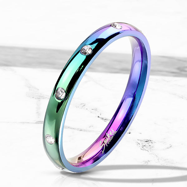 Awesome 3mm Rainbow Plated Stainless Steel Band Style Ring with 10 CZs Flush Set Around the Band