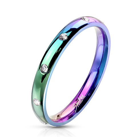 Awesome 3mm Rainbow Plated Stainless Steel Band Style Ring with 10 CZs Flush Set Around the Band