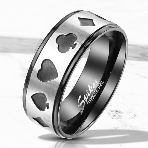 Awesome Two-Tone Black Stainless Steel Band Ring with Silver Brushed Finish Center with Cutout Spades, Hearts, Clubs, Diamonds.
