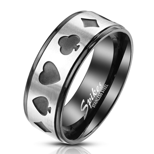 Awesome Two-Tone Black Stainless Steel Band Ring with Silver Brushed Finish Center with Cutout Spades, Hearts, Clubs, Diamonds.