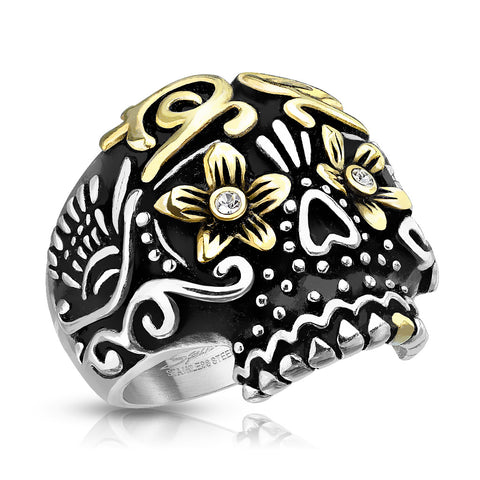 Awesome Wide Cast Two-Tone Stainless Steel Day of the Dead Skull Ring with PVD Plated Gold Geranium Flower Eyes.