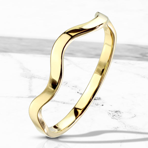 Beautiful Contemporary Gold Plated Stainless Steel Wavy Stackable Band Style Ring.