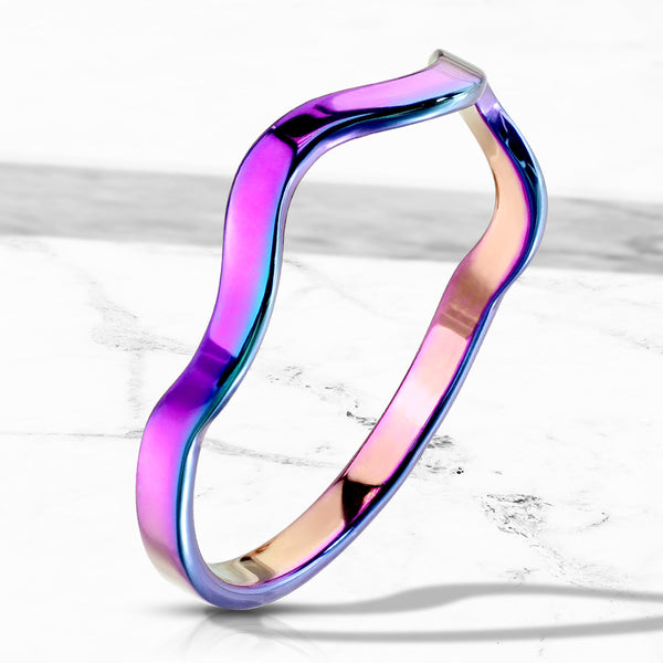 Fabulous Contemporary Rainbow Plated Stainless Steel Wavy Stackable Band Style Ring.