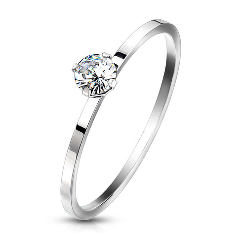 Classic 4-Prong Set Round Solitaire CZ Engagement Ring in Thin Band Mirror Polished Stainless Steel.