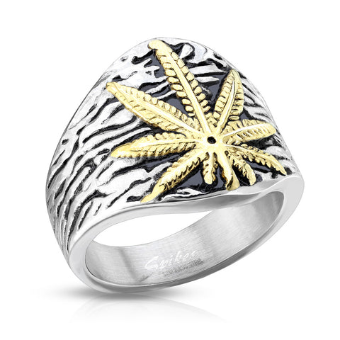 Cool Unique Wide Cast Two-Tone Stainless Steel Tapered Band Ring with Gold Plated Cannabis Leaf on Tree Bark.