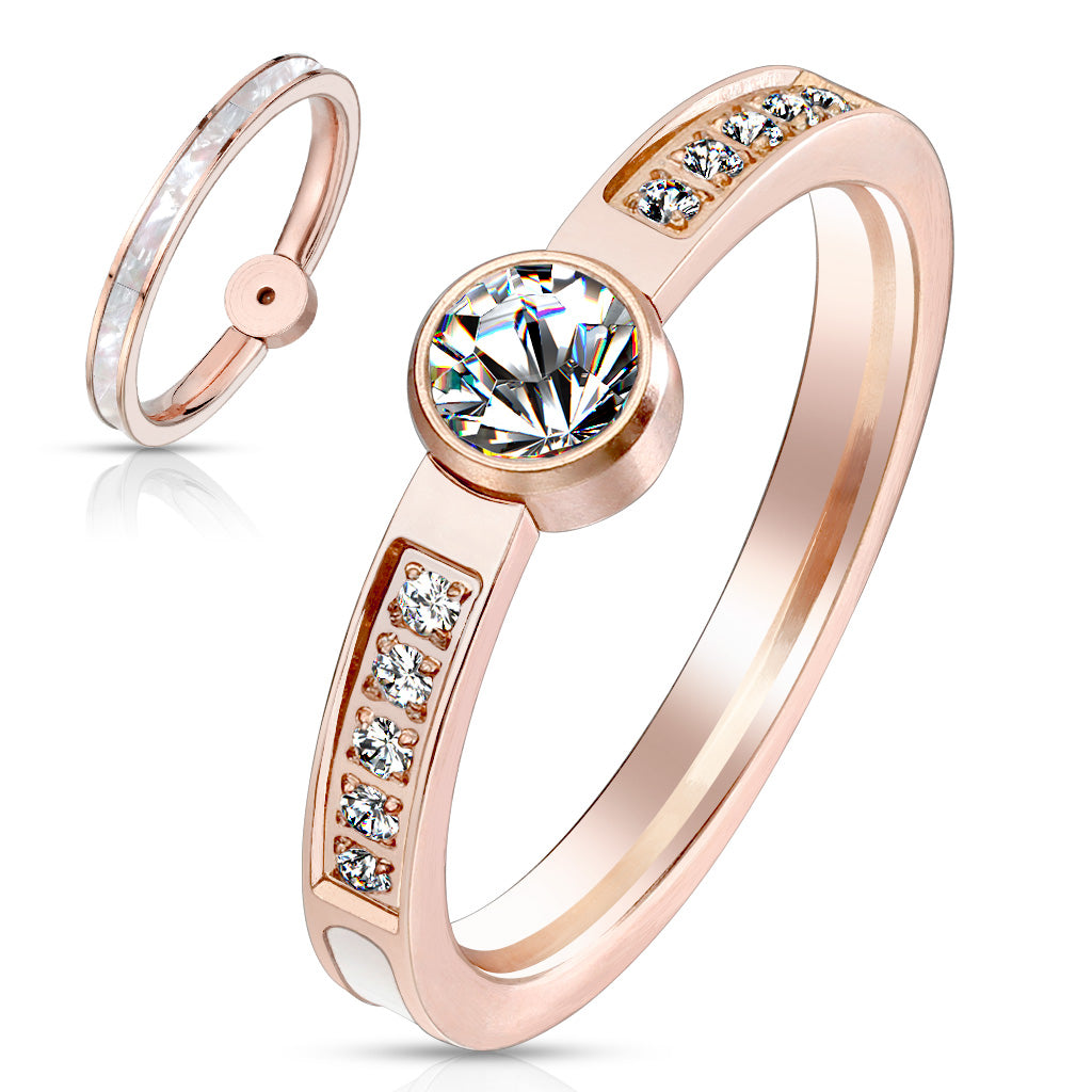 Rose Gold Stainless Steel CZ Engagement Ring w/ Mother of Pearl