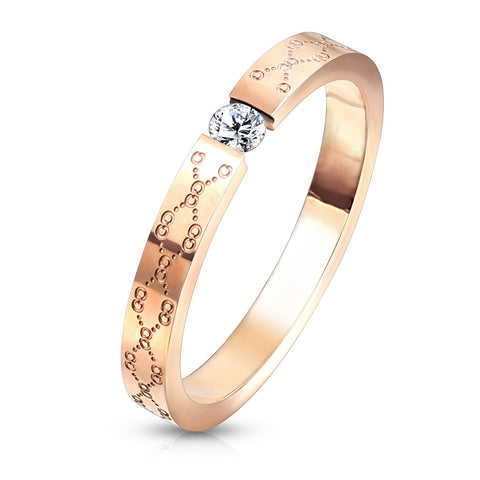 Lovely Exquisite Rose Gold Band Style Ring with Tension Set Round Solitaire CZ on Filigree Etched Band.