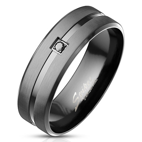 Magnificent Brushed Finish Black Stainless Steel Band Ring with Polished Black Recessed Stripe and Single Black CZ.