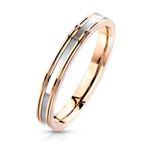 Graceful Rose Gold Plated Stainless Steel Band Style Ring with Mother of Pearl Inlay.