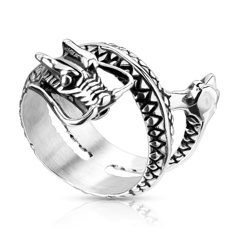 Awesome Unique Wide Cast Stainless Steel Coiled Scaly Dragon Ring with Whiskers