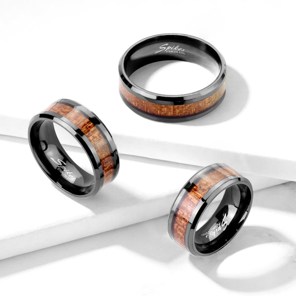 Luxurious Polished Black Stainless Steel 8mm Band Ring with Rich Wood Inlay Center and Beveled Edges.