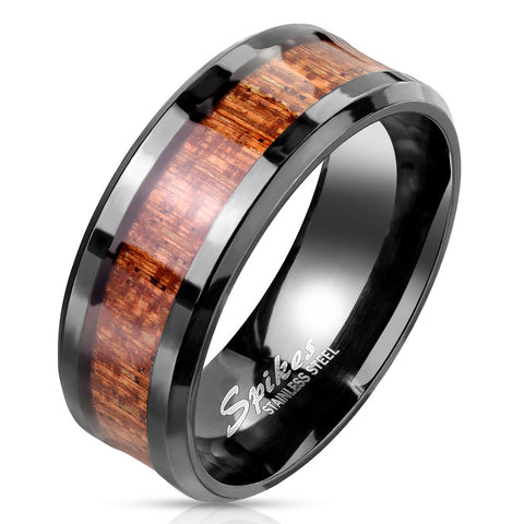 Luxurious Polished Black Stainless Steel 8mm Band Ring with Rich Wood Inlay Center and Beveled Edges.
