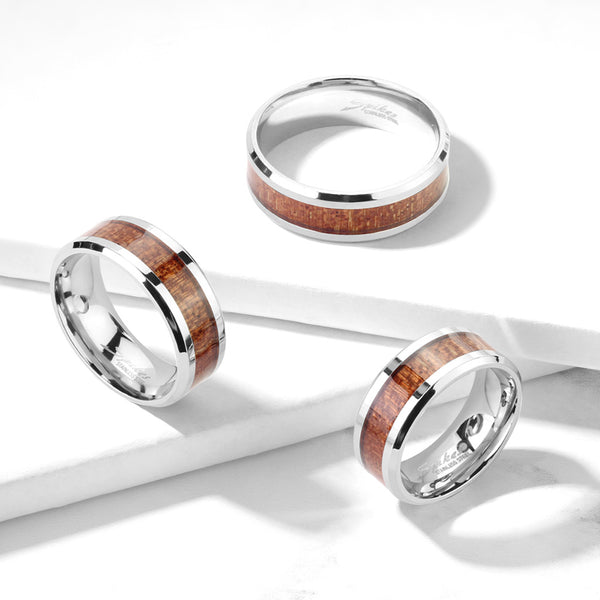 Opulent Mirror Polished Stainless Steel 8mm Band Ring with Rich Wood Inlay Center and Beveled Edges.
